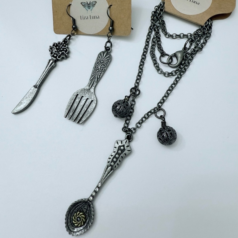 “Luna Papillon Handmade” Pewter Finish Utensil Jewelry Set